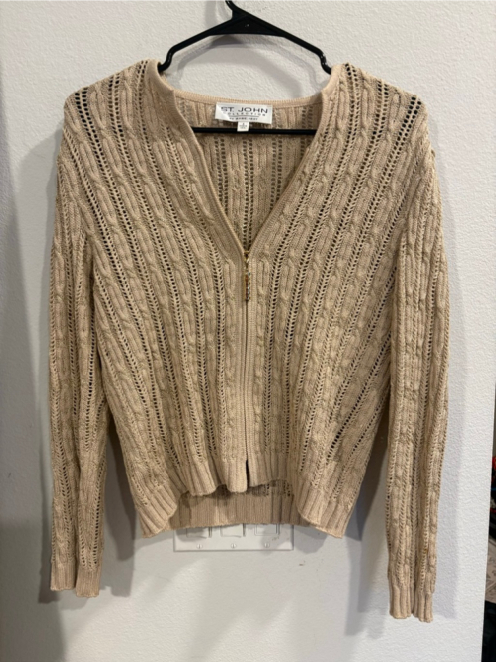Vtg St John Marie Gray Cable Knit Shimmer Gold Zip Cardigan Sweater Size 4